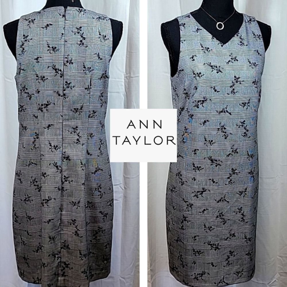 Ann Taylor Glen Plaid Gray Floral Sleeveless Dress - Picture 16 of 16